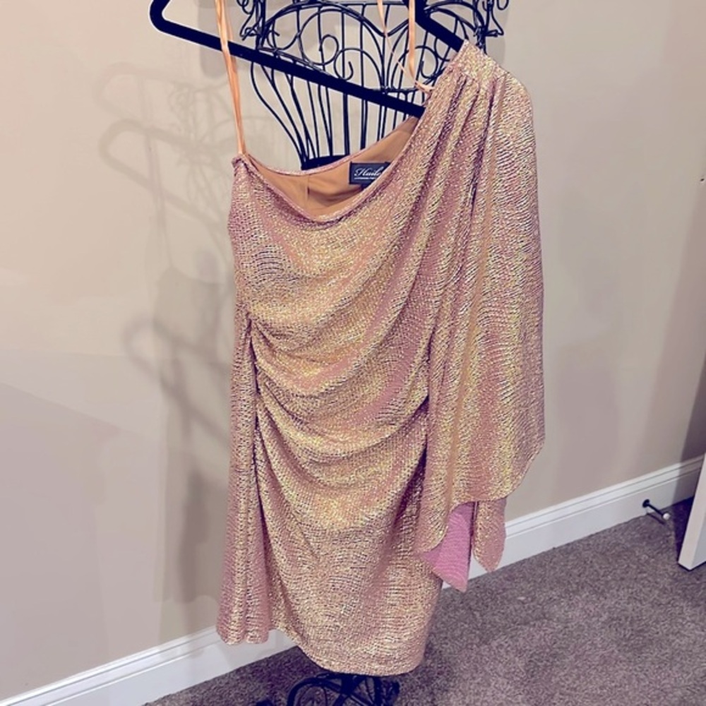 Hailey Adriana Papell one shoulder abstract metallic cocktail dress Goddess Boho
